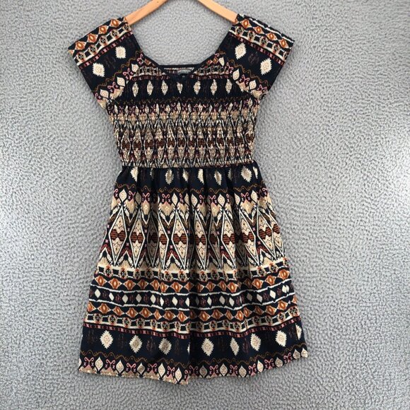 Earthbound Dress Womens Medium Navy Multi Fit & Flare Smocked Bodice Sweetheart - Picture 1 of 11